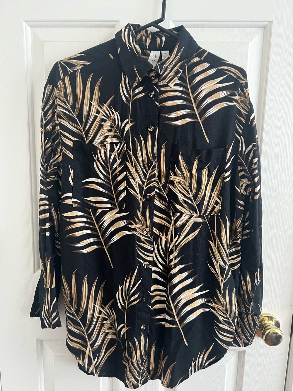 Joie Black Shirt with Metallic Gold Palm Leaf Print